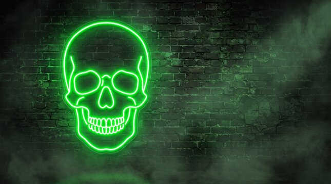 Bright glowing neon skull sign mounted on dark brick wall provides intense green lighting effect suitable for edgy interior wall decor