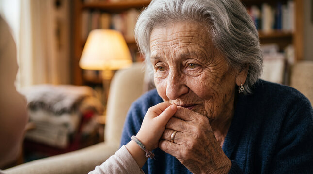 Elderly grandmother holding hands with grandchild in warm cozy living room