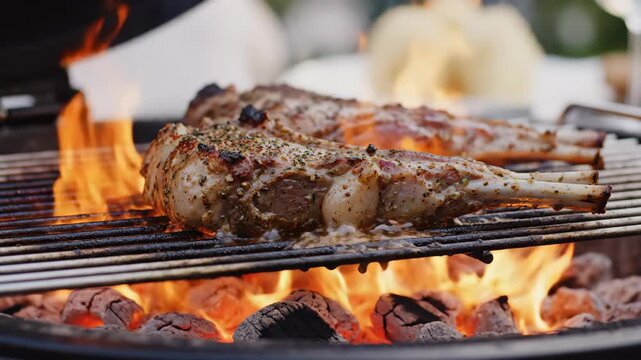 Seasoned lamb chops grilling on a barbecue over an open fire. Close-up of meat cooking on a charcoal grill with flames. Gourmet outdoor cooking concept