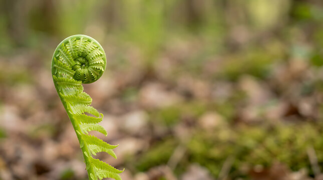 Young Green Fern Fiddlehead Unfurling in a Spring Forest Background with Natural Bokeh