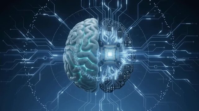Conceptual video footage of a human brain integrated with a digital circuit board representing artificial intelligence and neural computing.