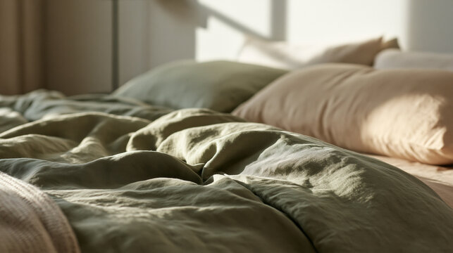 Cozy Unmade Bed with Soft Linen Bedding in Morning Light