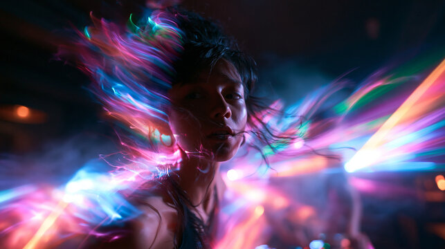 Energetic Woman Dancing in Nightclub with Neon Light Trails