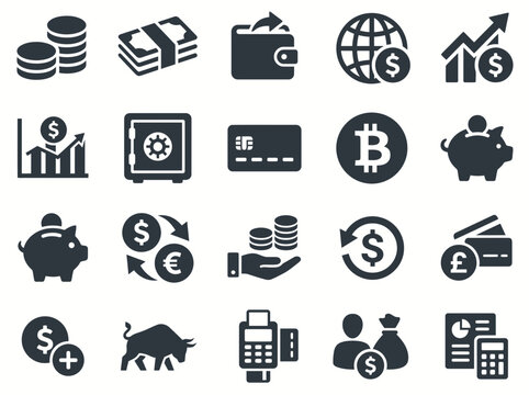 Set of flat black financial and banking icons representing money investment savings and digital payment methods
