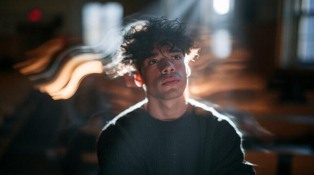Thoughtful Young Man with Abstract Motion Light Trails