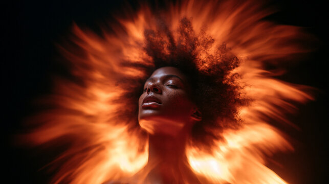 Portrait of Woman Surrounded by Blazing Fire Energy
