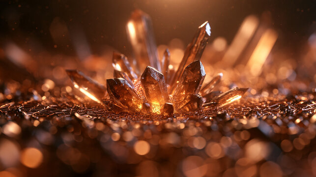 Glowing Golden Crystal Cluster with Bokeh Background