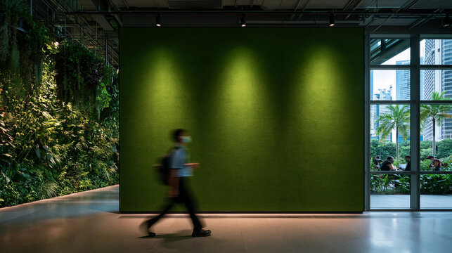 Modern Biophilic Office Interior with Large Green Mockup Wall