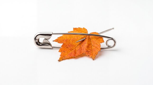 Shiny silver safety pin piercing a single orange autumn maple leaf isolated on clean white background presenting fashion or season theme