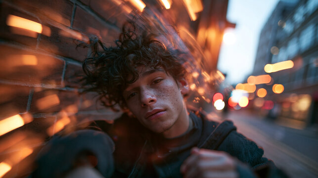Young Man Leaning Against Brick Wall at Night