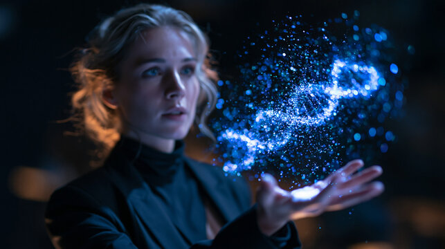 Scientist Analyzing Glowing Holographic DNA Helix Structure