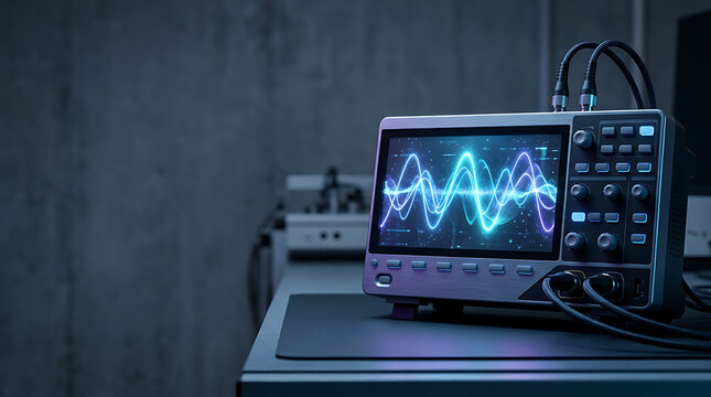 Modern digital oscilloscope measuring electronic signals and sound waves in a laboratory setting