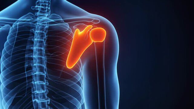 Anatomical X-ray of Human Shoulder Bone Highlighting Scapula and Humerus Head in Orange Glow, Indicating Injury or Pain, Cinematic Medical Visualization, Symbolizing Healthcare and Bodily Health