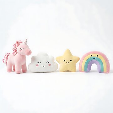 Soft pastel plush toys including a pink unicorn, cloud, star, and rainbow arranged on a pure white backdrop.