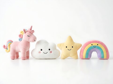 Cute stuffed pink unicorn with smiling cloud, star, and rainbow plushies isolated against a solid white background.