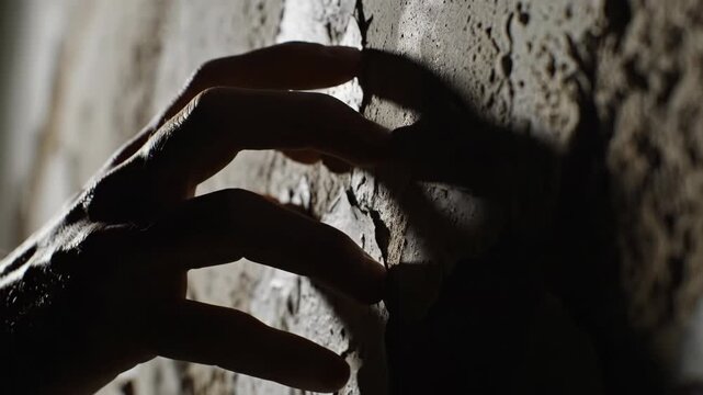 Close-up of a hand and its shadow on a rough textured wall. Dramatic lighting with fingers reaching and touching peeling paint. Moody and mysterious concept