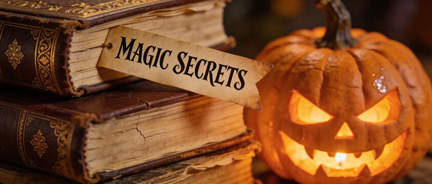 Magic secrets halloween book tag, carved pumpkin glowing jack o lantern, vintage spell book alchemy concept, spooky dark fantasy decorative banner, mystery wizard sorcery antique page background.