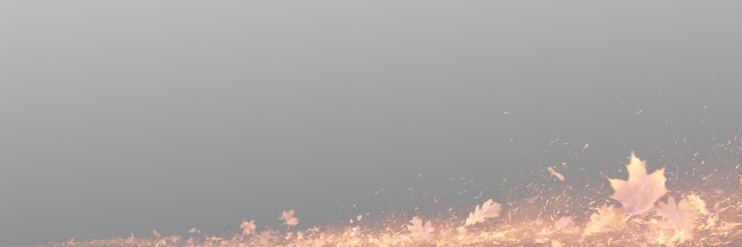 Autumn maple leaves and glowing particles along the bottom edge on a transparent background. Image isolated PNG. Magical fall season overlay effect with fiery sparks and golden dust.