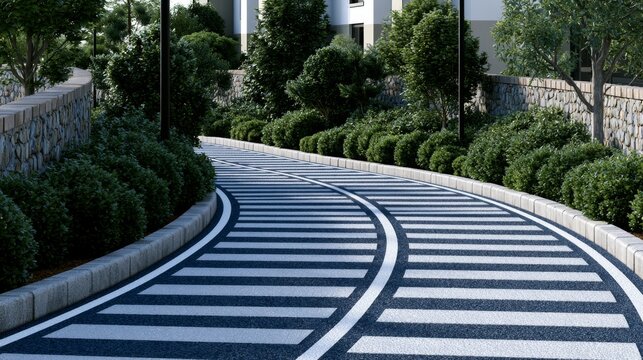 Gentle Curved Pathway with Safety Markings in a Scenic Environment for Cycling and Walking Activities