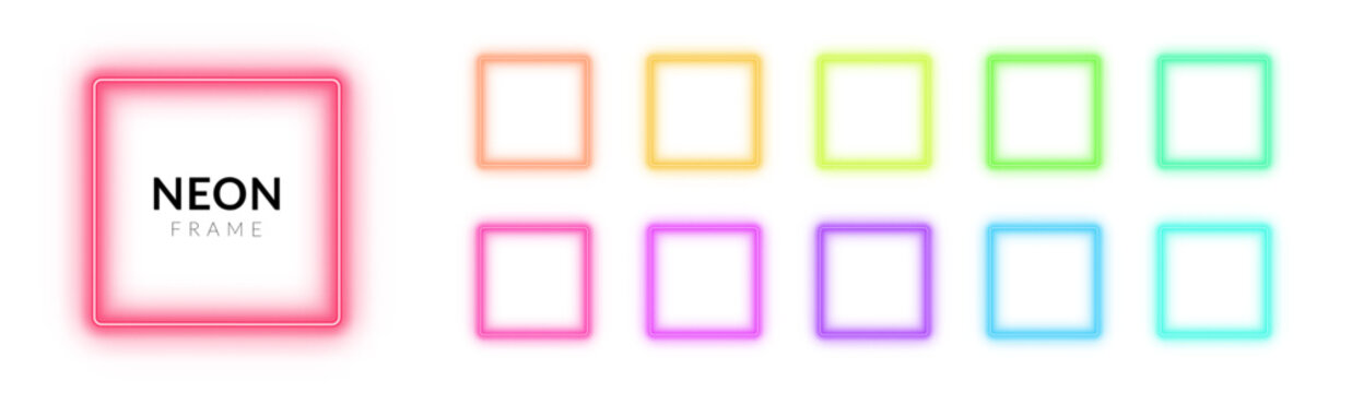 Neon glowing square frame collection in pink, orange, yellow, green, blue, and purple colors. Luminous box border with light effect.