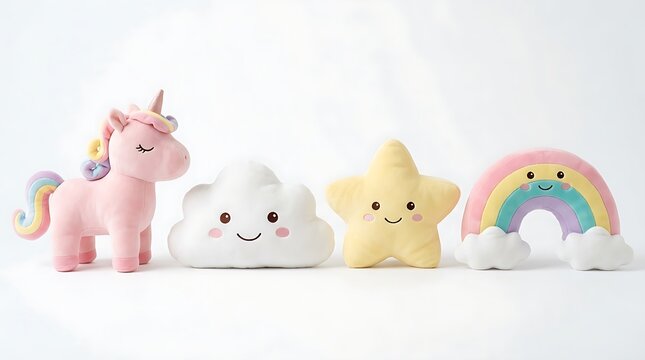 Adorable pastel stuffed toys featuring a pink unicorn, cloud, star, and rainbow isolated on a clean white backdrop.