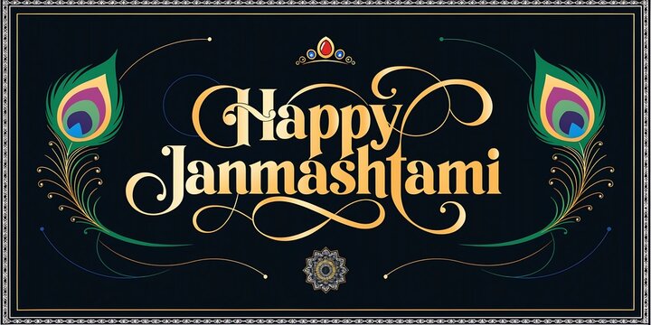Elegant golden typography greeting card design for happy janmashtami festival with golden lettering peacock feather hindu festival religious holiday invitation design gold text