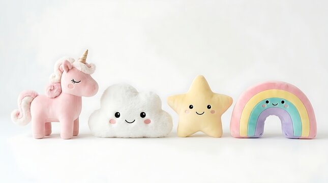 Cute plush pink unicorn, smiling cloud, yellow star, and pastel rainbow toys arranged in a row on white background.