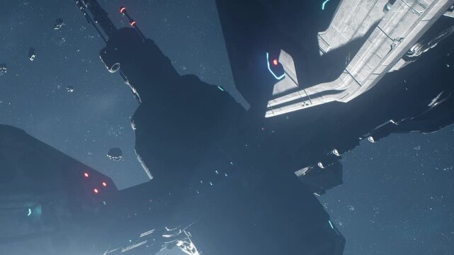 A space station floats in orbit above Earth. Asteroids move around the station while blue and red lights illuminate the structure. This scene shows a distant view of space.