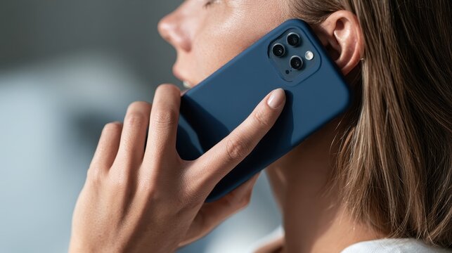 Close up of young 20 years woman holding blue cellphone near ear. Girl talks during incoming mobile call outdoors. Sunny daylight portrait for cellular network advertising and client support service.