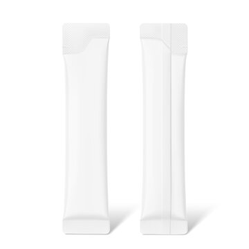 Blank stick package mockup for design, branding, presentation of  food, cosmetic, pharmacy products. Front and side views. 3D hight realistic vector illustration isolated on white background. EPS10.