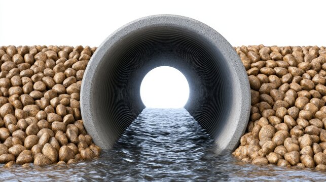 Isolated Reinforced Concrete Box Culvert on White Background with Water Flowing Through and Stones Lining the Entrance with Dramatic Lighting Effects