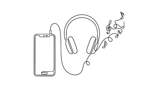 Continuous line drawing of smartphone connected to headphones with music notes