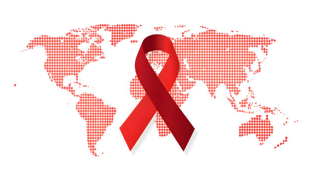 World AIDS Day red ribbon awareness on world map background