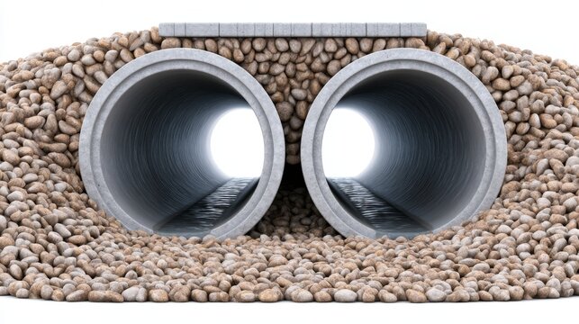 Isolated Twin Concrete Pipes Emerging from a Bed of Gravel on a White Background Showcasing Industrial Design and Urban Infrastructure Elements
