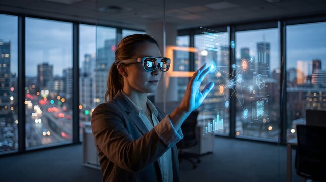 Female data analyst wearing augmented reality glasses analyzing glowing 3D hologram charts in modern office