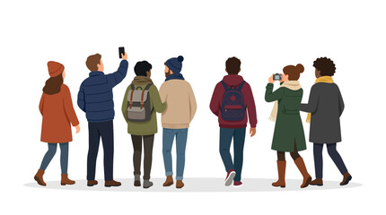 Obraz premium A group of diverse young people in winter clothing stand together while taking photographs with their smartphones against a plain white background.
