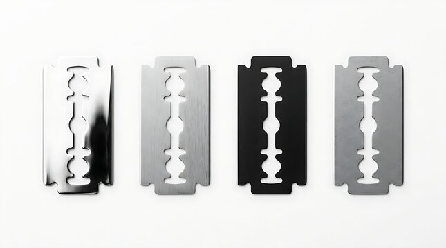 Four stainless steel razor blades featuring varied metallic finishes isolated on a clean white backdrop.