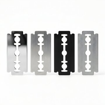 Classic double edge safety razor blades in chrome, brushed steel, and black on white background.
