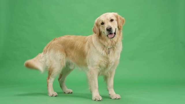 Golden Retriever Standing and Wagging Tail on Green Screen Background