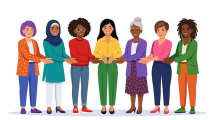 Fototapeta premium A diverse group of five women from various ethnic backgrounds and ages stand in a row, holding hands to symbolize unity and cooperation in a flat vector illustration style.