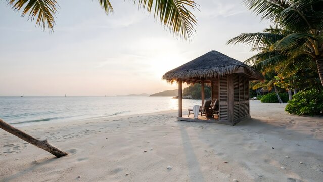 Wooden beach hut under palm trees at golden sunset &ndash; Ideal for tropical getaway promotions, hotel websites, or summer travel content