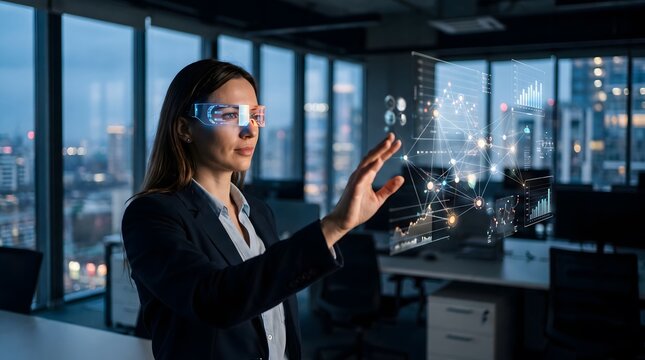 Female data analyst wearing augmented reality glasses analyzing glowing 3D hologram charts in modern office
