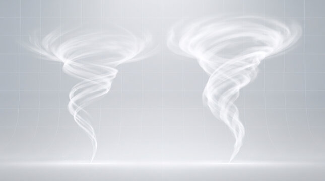 Set of two realistic white tornadoes or whirlwinds isolated on white background
