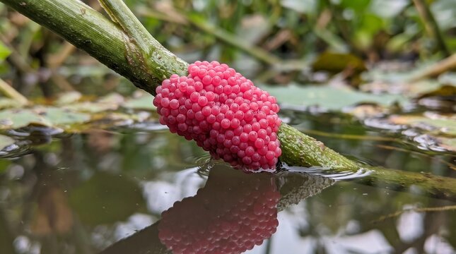 Bright pink golden apple snail eggs clutch attached to aquatic plant stem above water reflection