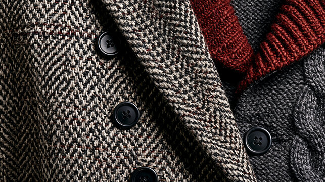 Closeup of tweed coat with black buttons and knitted sweater in red and gray colors. Warm autumn winter clothing textures and