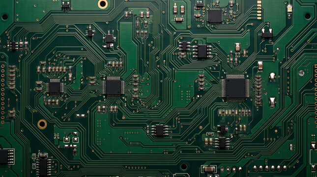 Detailed green electronic circuit board with microchips and intricate copper traces electronic microchip processor motherboard