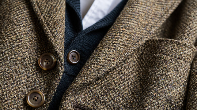 Close-up of brown tweed wool jacket with buttons layered over dark knit cardigan and white shirt. Elegant menswear fashion texture detail. Classic autumn clothing style and tailored outfit concept.