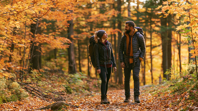 Couple hiking in autumn forest with backpacks. Woman and man walking on trail among golden fall foliage. Active travel and adventure in nature. Seasonal outdoor recreation concept.