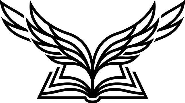 Minimalist book with wings logo, black and white open book icon, literary education symbol for publishing and libraries
