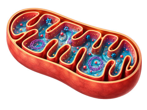 Internal structure of mitochondria organelle showing cristae matrix and DNA strands isolated for molecular biology textbooks biochemistry research 